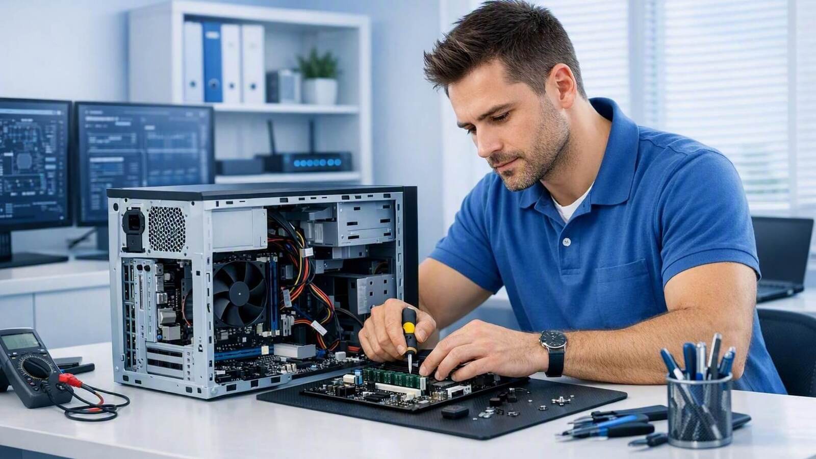 Technicien informatique en train de réparer un pc